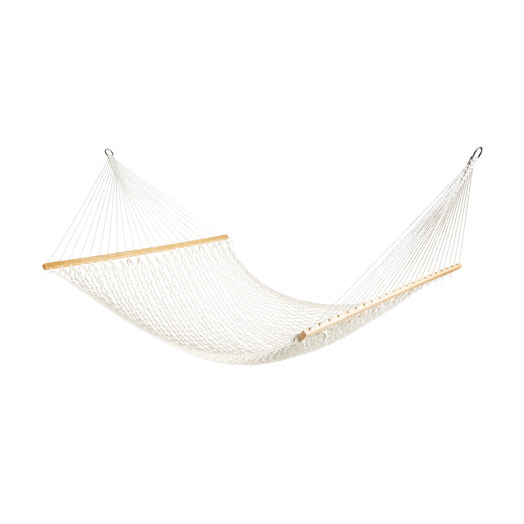 Angled view of the Bliss Hammocks 60-inch Wide Cotton Rope Hammock with Spreader Bar, S Hooks, and Chains in the white variation.