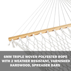 6mm triple woven polyester rope with 2 weather resistant, varnished hardwood spreader bars.