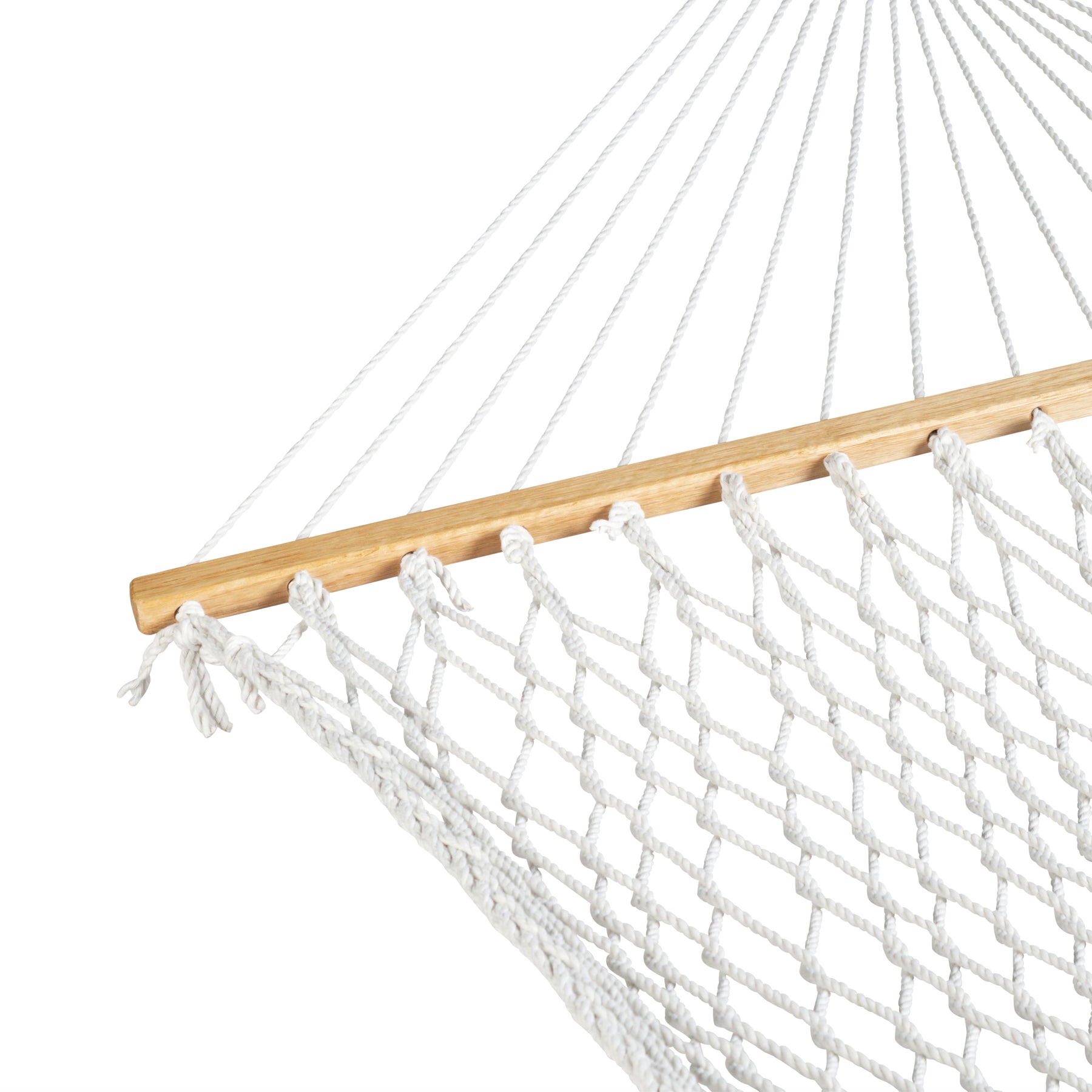 Close up of the rope and spreader bar for the Man wearing sunglasses relaxing outside in a Bliss Hammocks 60-inch Wide Polyester Rope Hammock.