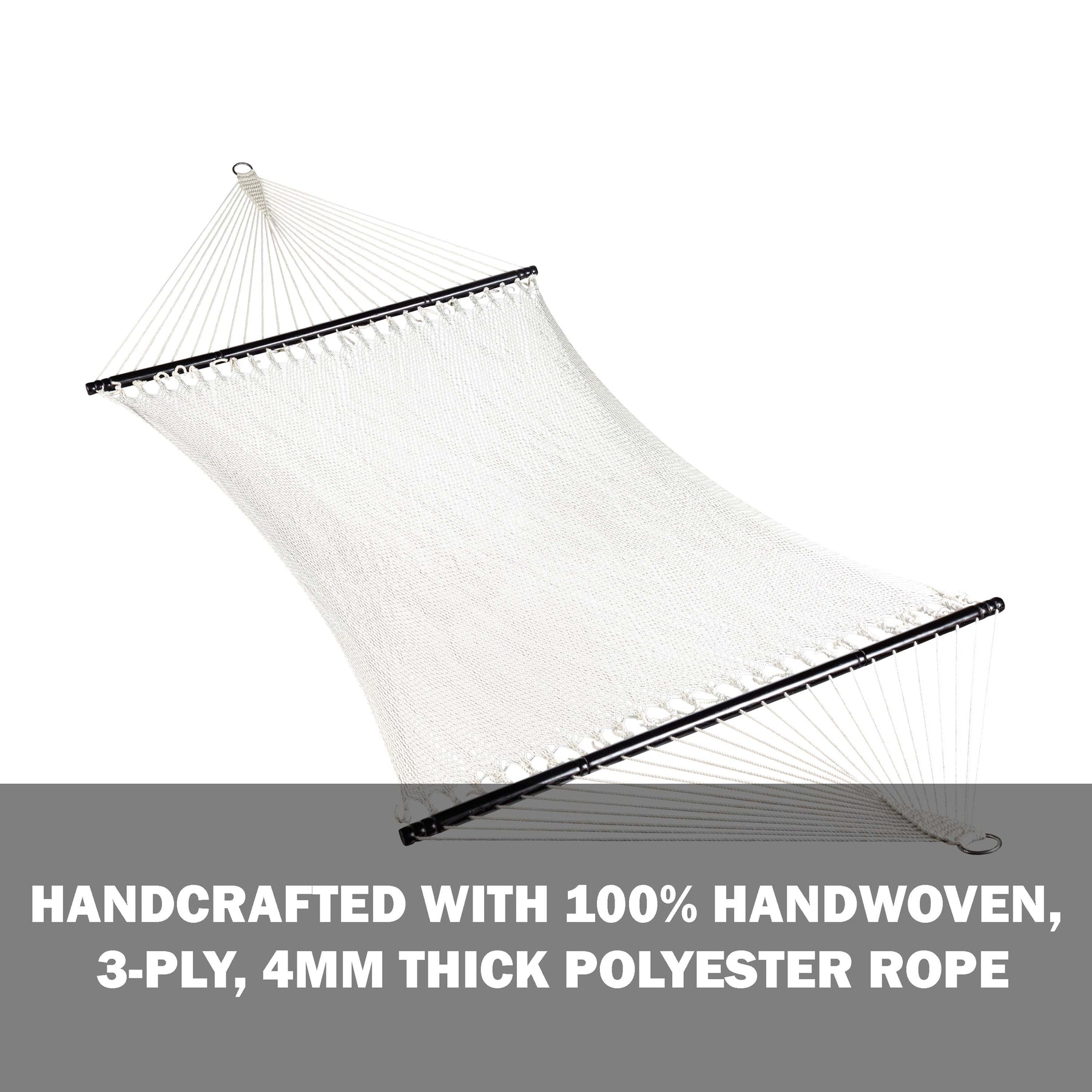 Handcrafted with 100 percent handwoven, 3-ply, 4mm thick polyester rope.
