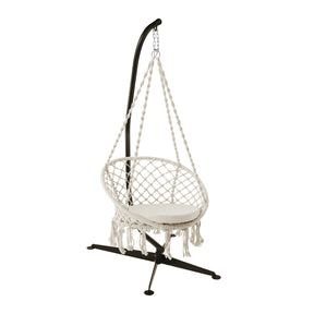 Bliss Hammocks 31.5-inch Wide Macramé Swing Chair with Fringe lining and Padded Cushion hanging from a hammock chair stand.