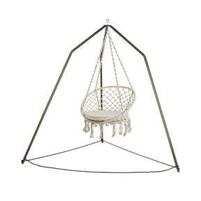 Bliss Hammocks 31.5-inch Wide Macramé Swing Chair with Fringe lining and Padded Cushion hanging from an overhead tripod hammock chair stand.