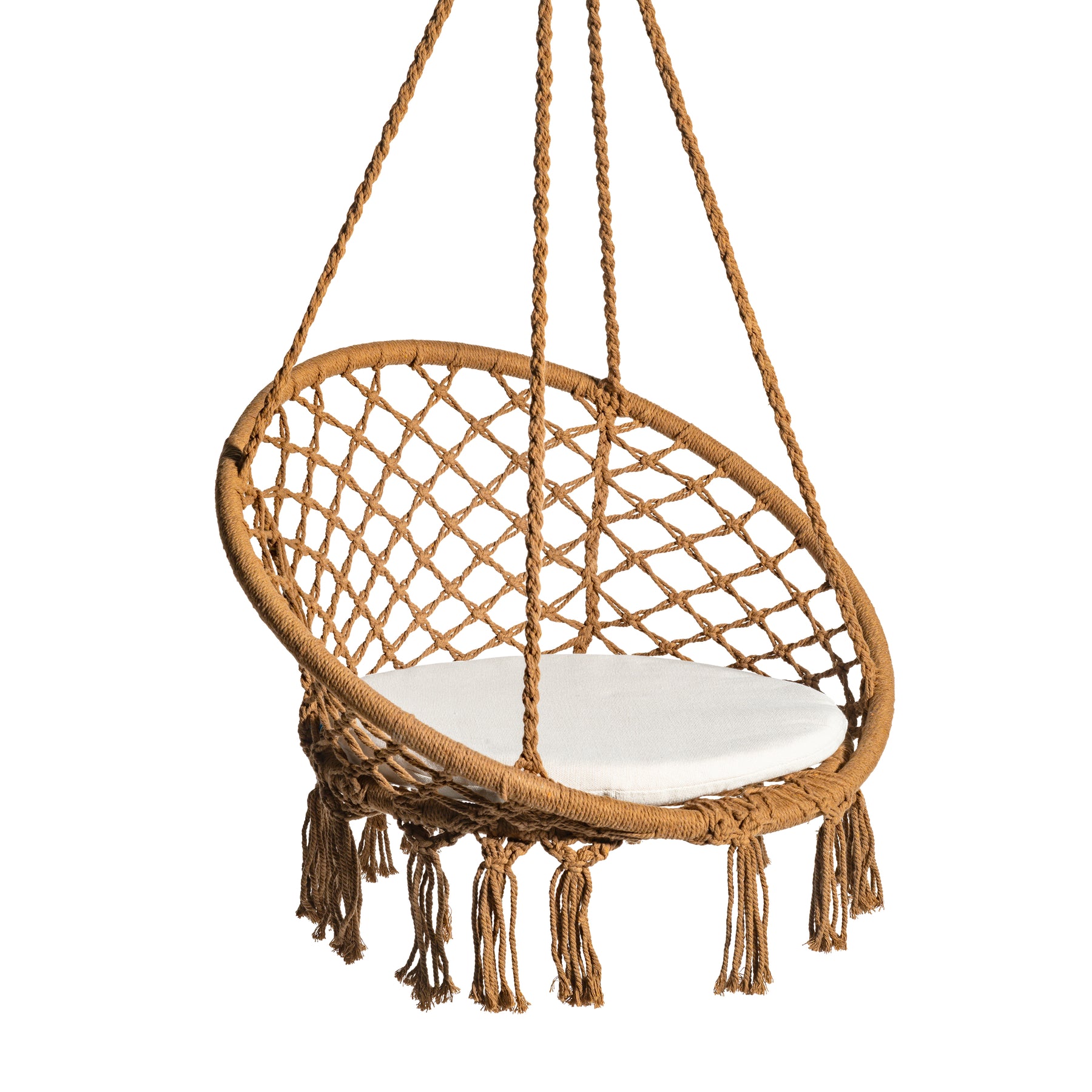 Bliss Hammocks 31.5-inch Wide Macramé Swing Chair with Fringe lining and Padded Cushion in the brown variation.