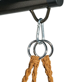 Close-up of the Bliss Hammocks 31.5-inch Wide Brown Macramé Swing Chair connected to a stand with a carabiner.