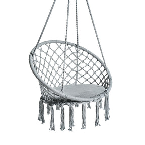 Bliss Hammocks 31.5-inch Wide Macramé Swing Chair with Fringe lining and Padded Cushion in the gray variation.