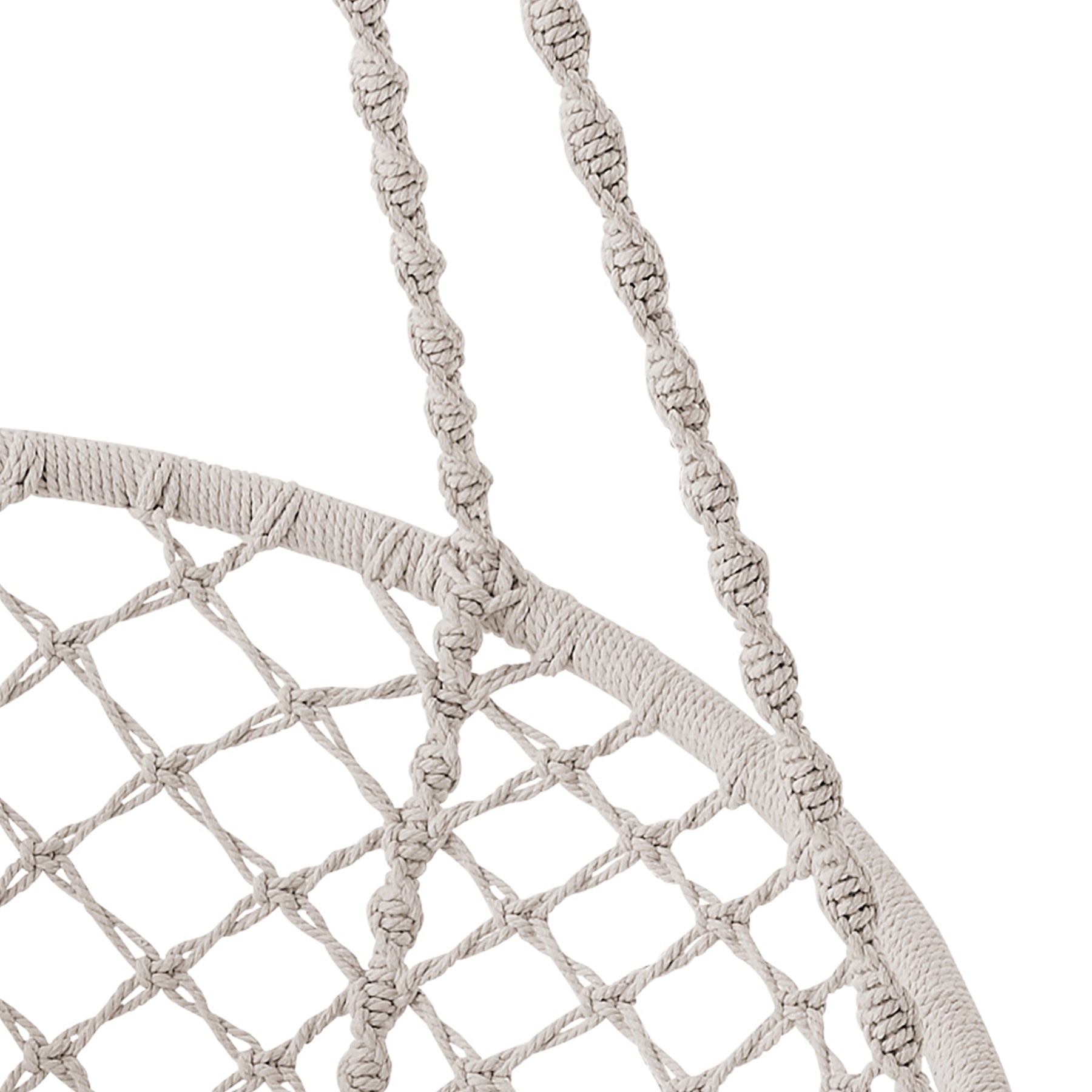 Close-up of the Bliss Hammocks 31.5-inch Wide Macramé Swing Chair showing the ropes the chair hangs from.