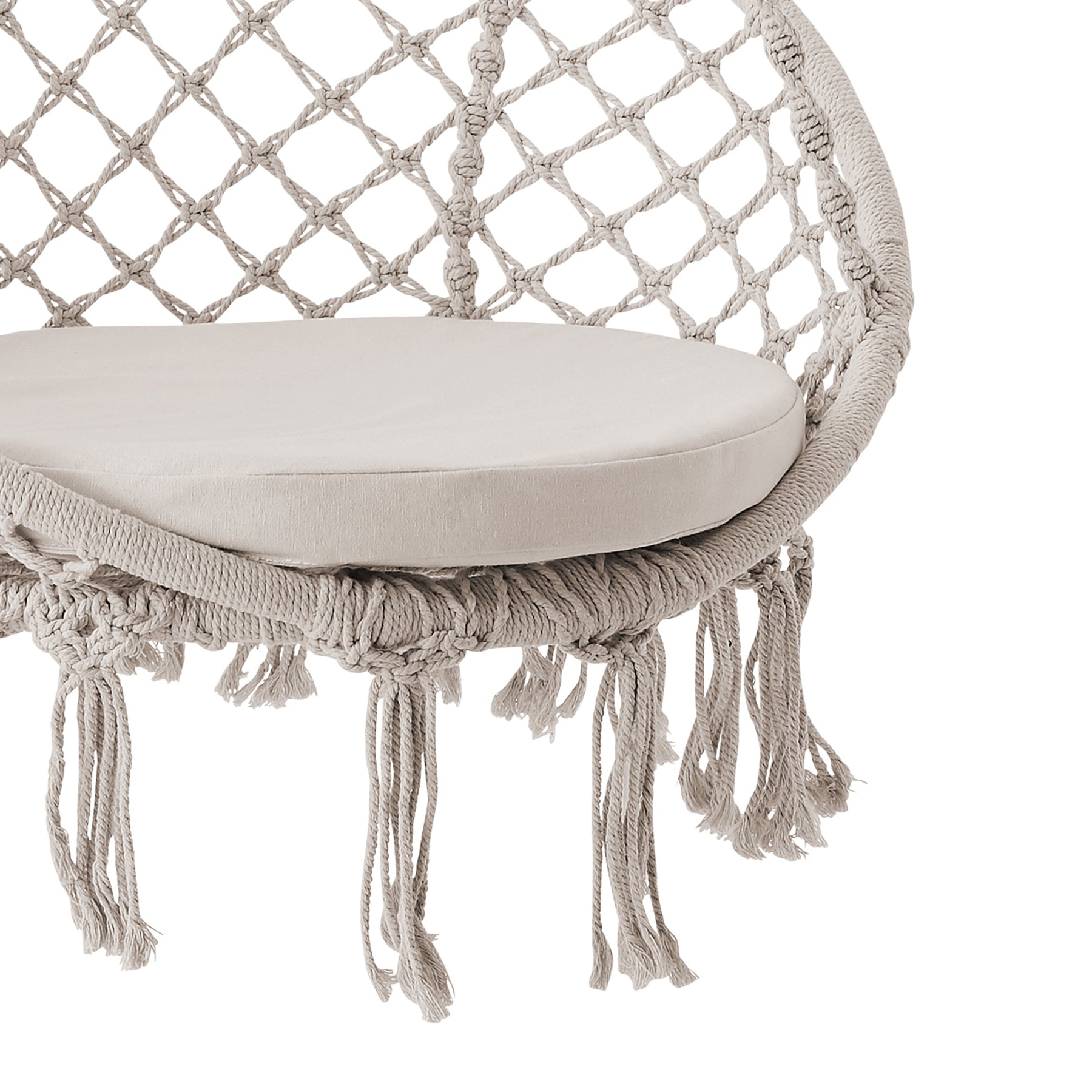 Close-up of the Bliss Hammocks 31.5-inch Wide Macramé Swing Chair with Fringe lining and Padded Cushion. showing the fringes on the bottom.