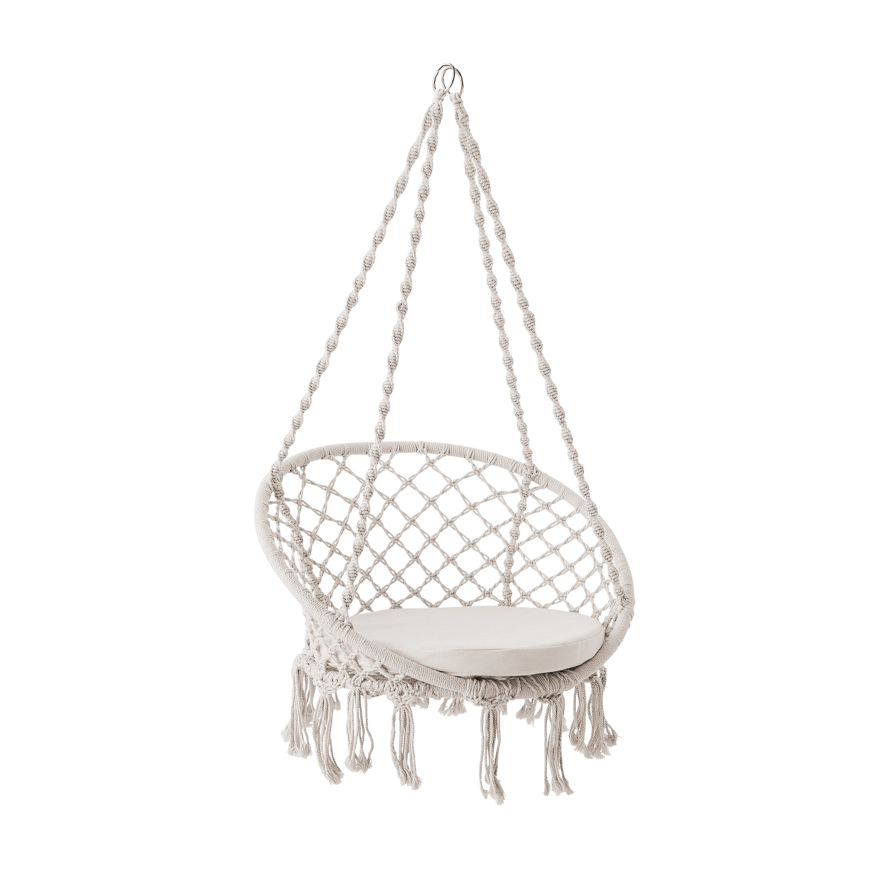 Bliss Hammocks 31.5-inch Wide Macramé Swing Chair with Fringe lining and Padded Cushion.