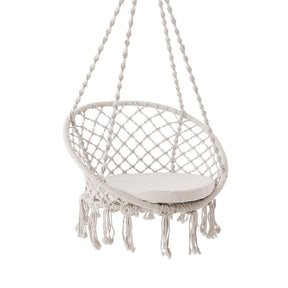 Closer view of the seat for the Bliss Hammocks 31.5-inch Wide Macramé Swing Chair with Fringe lining and Padded Cushion.