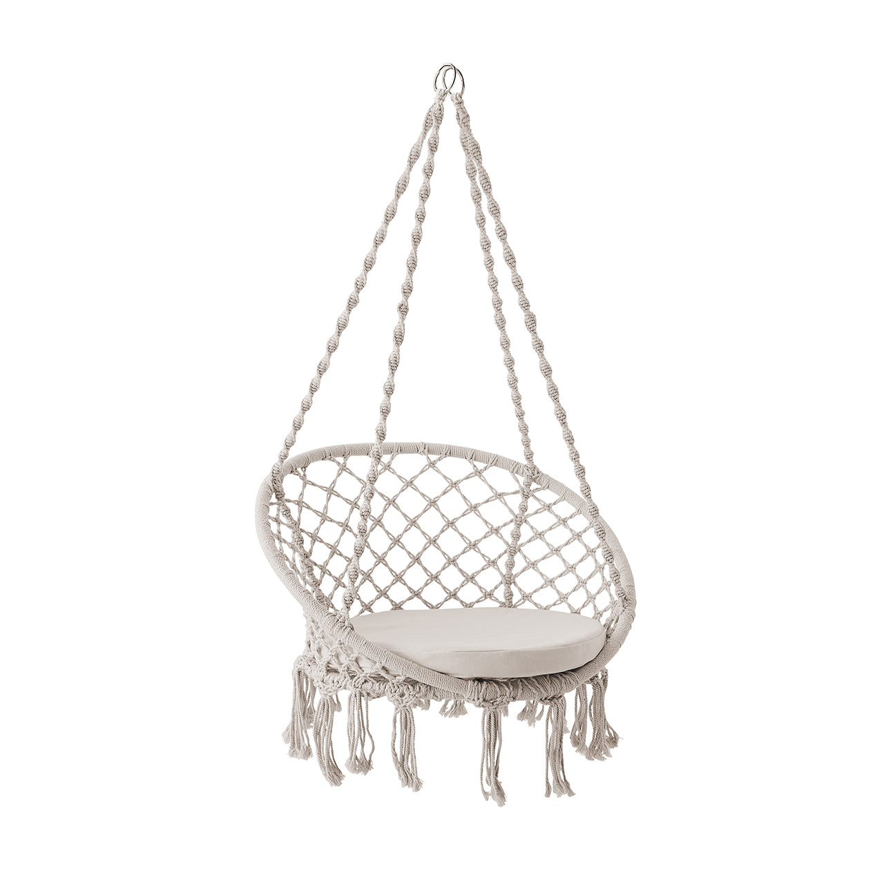Bliss Hammocks 31.5-inch Wide Macramé Swing Chair with Fringe lining and Padded Cushion in the natural variation.
