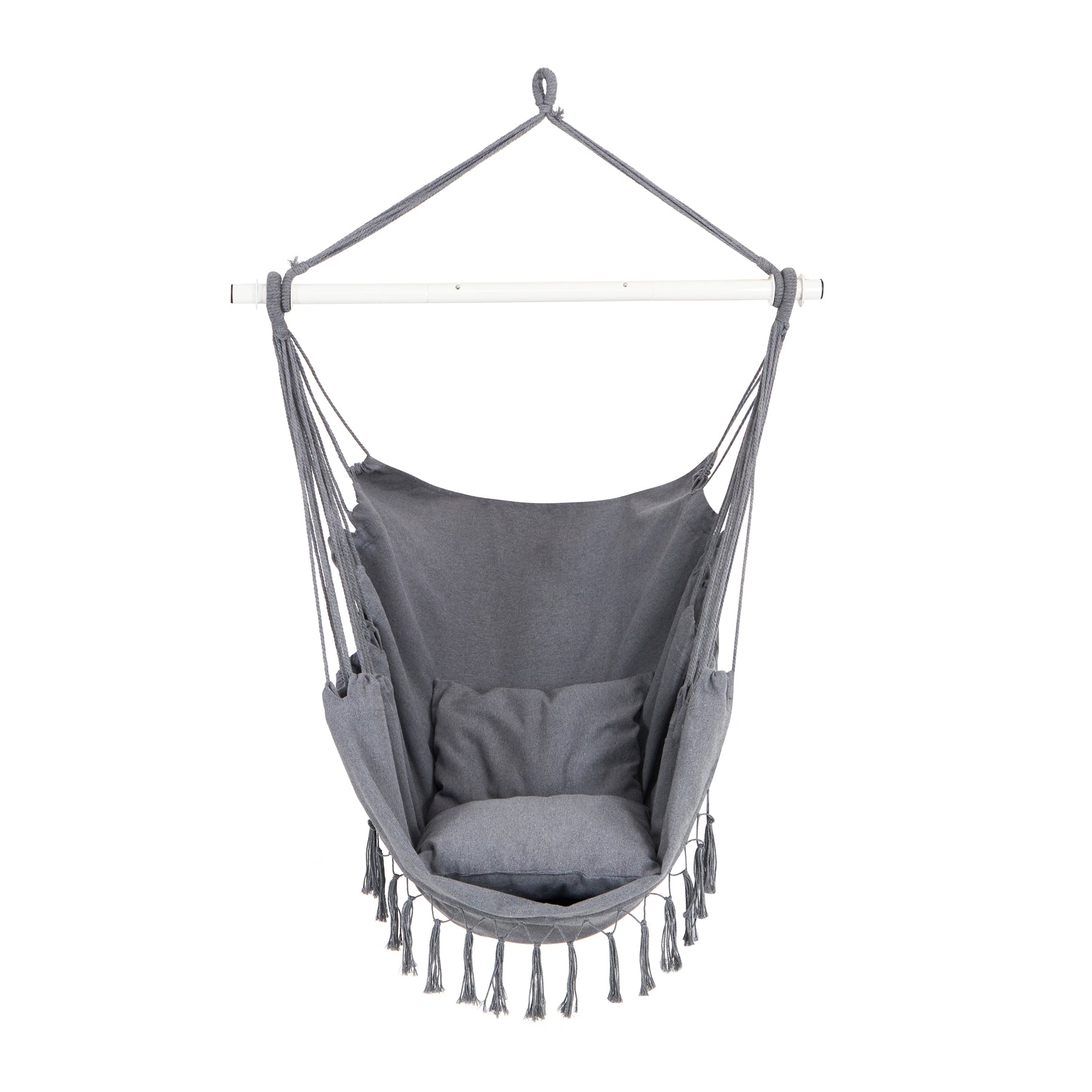 Bliss Hammocks 40-inch Wide Fringed Hammock Chair with 2 Matching Square Pillows, Built-In Side Pocket, and Steel Spreader Bar in the gray color variation.