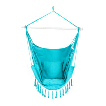 Bliss Hammocks 40-inch Wide Fringed Hammock Chair with 2 Matching Square Pillows, Built-In Side Pocket, and Steel Spreader Bar in the light blue color variation.