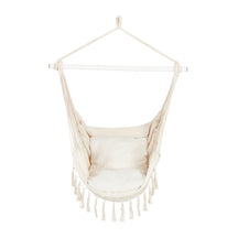 Bliss Hammocks 40-inch Wide Fringed Hammock Chair with 2 Matching Square Pillows, Built-In Side Pocket, and Steel Spreader Bar in the Natural variation, a solid white.
