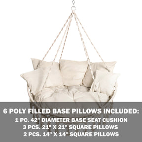 6 poly filled base pillows included: 1 42-inch diameter seat cushion, 3 21-inch square pillows, and 2 14-inch square pillows.