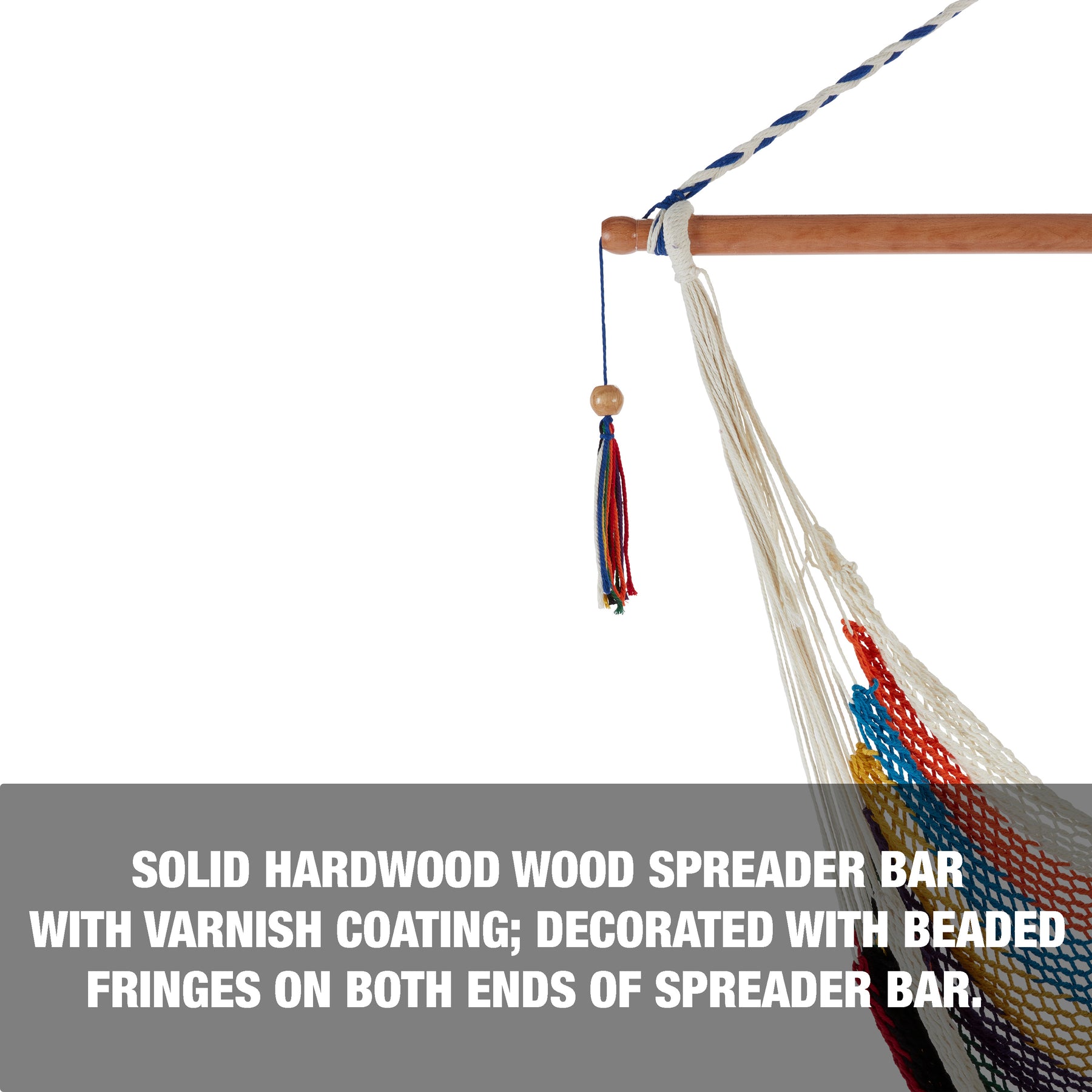 Solid hardwood spreader bar with varnish coating, decorated with beaded fringes on both sides of the bar.