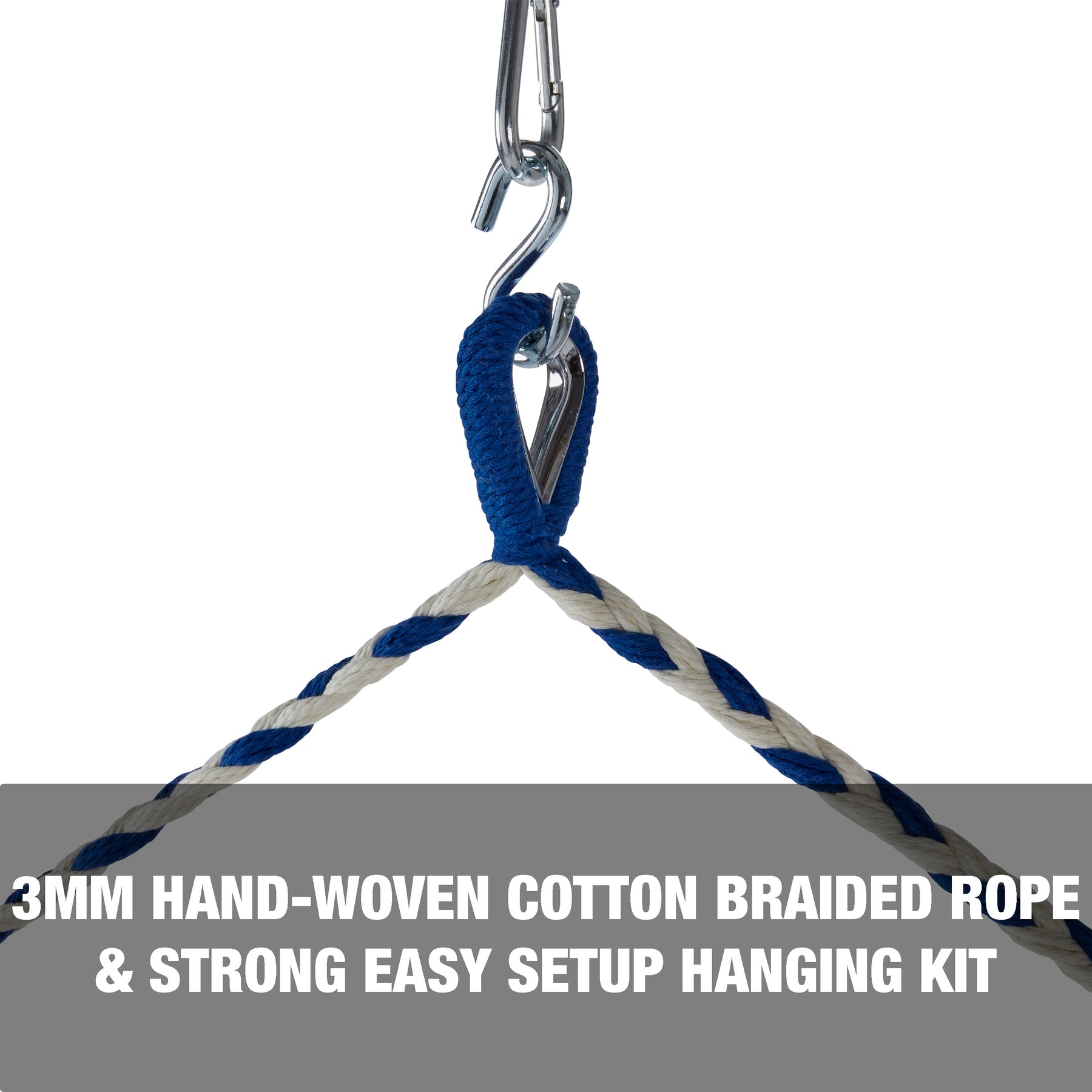 3mm hand-woven cotton braided rope and strong, easy setup hanging kit.