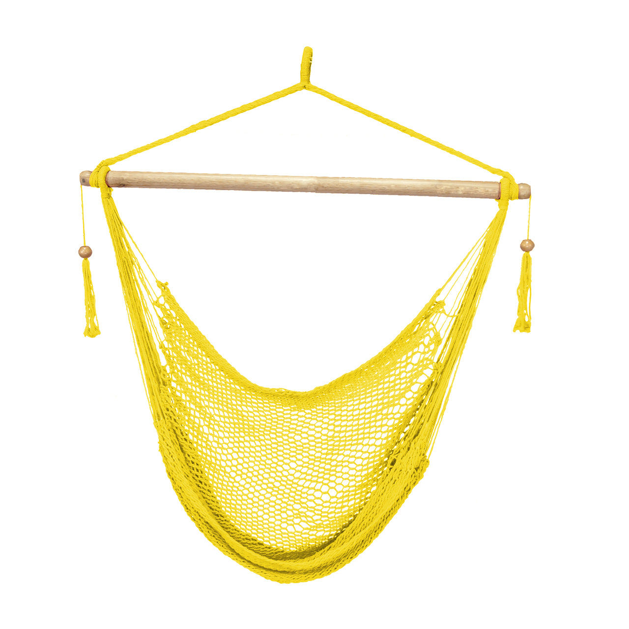 Bliss Hammocks 40-inch Island Rope Hammock Chair with Hanging Hardware and Spreader Bar in the yellow variation.