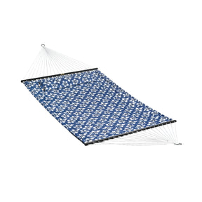 Bliss Hammocks 55-inch Wide 2-Person Reversible Quilted Hammock with Spreader Bars and Pillow in the blue flowers variation.
