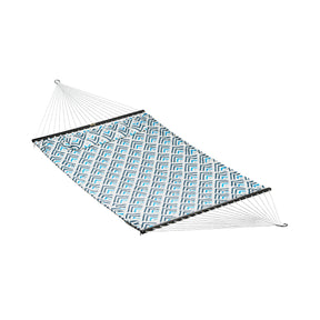 Bliss Hammocks 55-inch Wide 2-Person Reversible Quilted Hammock with Spreader Bars and Pillow in the blue geo diamond variation.
