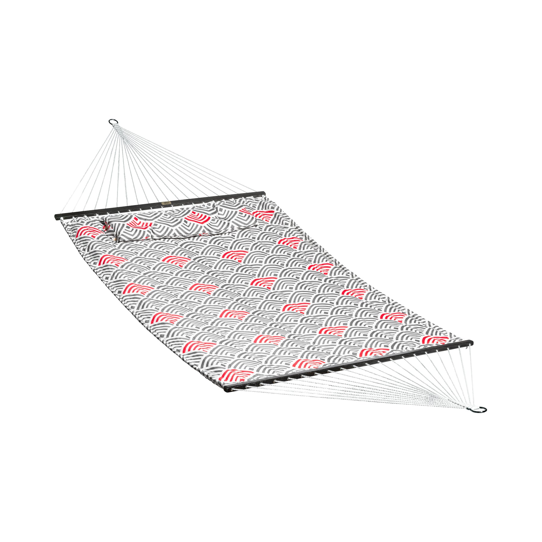 Bliss Hammocks 55-inch Wide 2-Person Reversible Quilted Hammock with Spreader Bars and Pillow in the tonal arches red and gray variation.