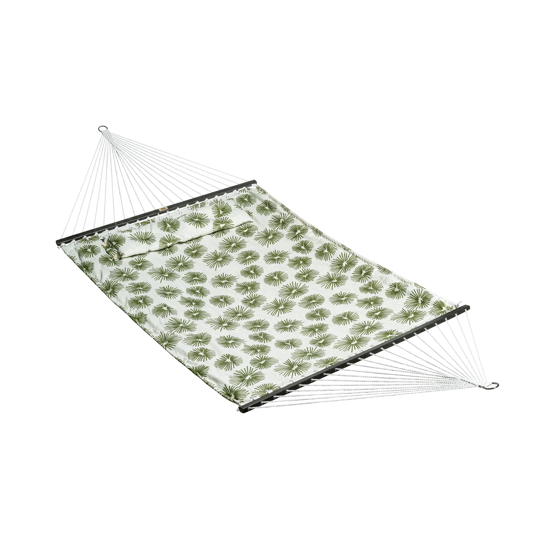 Bliss Hammocks 55-inch Wide 2-Person Reversible Quilted Hammock with Spreader Bars and Pillow in the green burst variation.