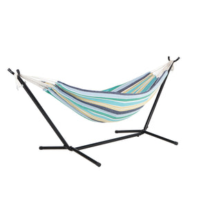 Bliss Hammocks 60-inch Wide Hammock & Built-in Stand in the Country Club variation, which is pastel colored stripes: blue, green, yellow, white, and gray.