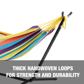 Bliss Hammocks 60-inch Hammock with stand has thick, handwoven loops for strength and durability.