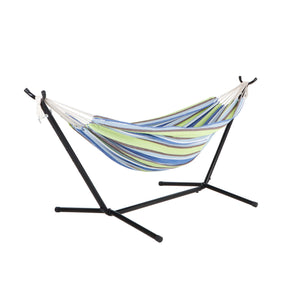 Bliss Hammocks 60-inch Wide Hammock & Built-in Stand in the Garden Stripe variation, which are stripes of light green, blue and light blue, white, and brown.