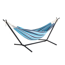 Bliss Hammocks 60-inch Wide Hammock & Built-in Stand in the Nautical Stripe variation, which are colored stripes in different shades of blue.