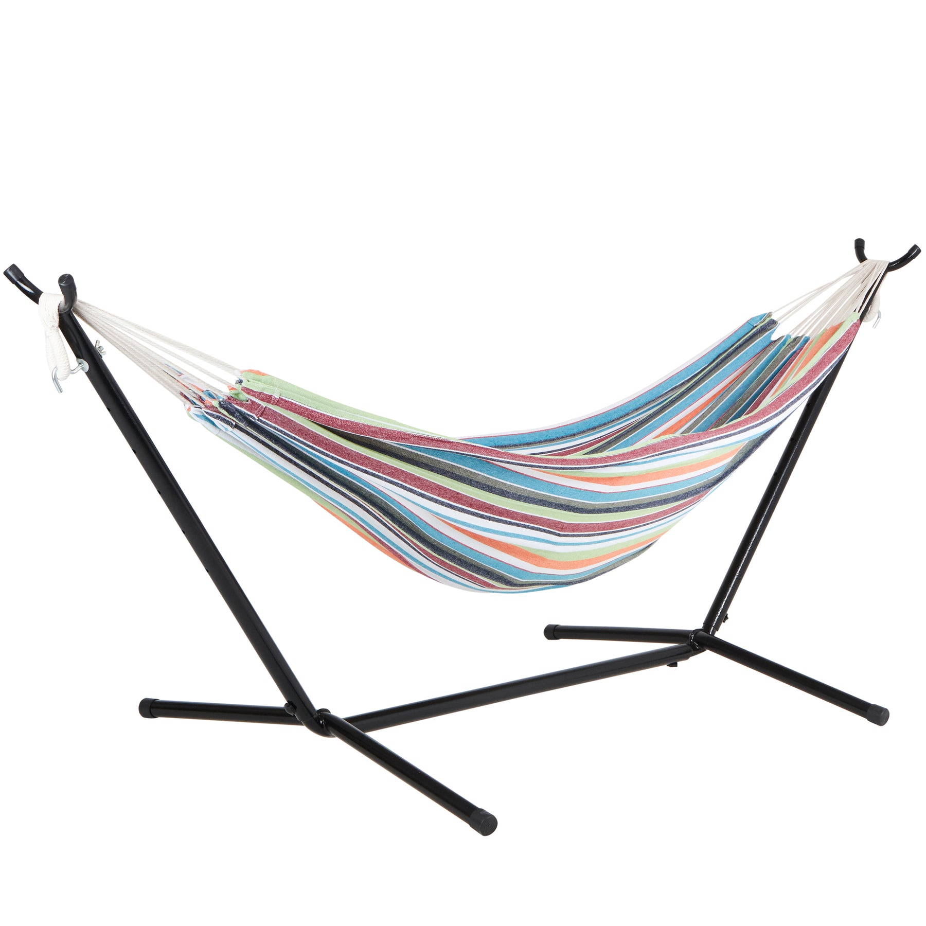 Bliss Hammocks 60-inch Wide Hammock & Built-in Stand in the Tropical Fruit variation, which are stripes of red, blue, orange, black, gray, white, and green.
