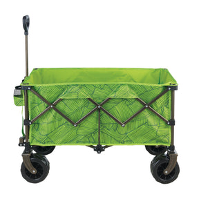 Side view of Bliss Hammocks 36-inch Collapsible Garden Cart/Beach Wagon in the Green Banana Leaves variation.