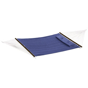 Bliss Hammocks 55-inch Wide Quilted Hammock with Spreader Bars and Pillow in the denim blue variation.