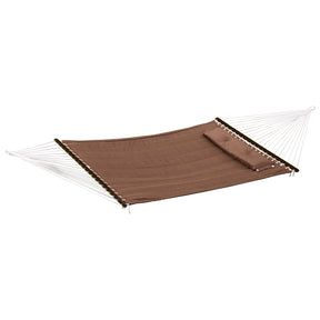 Bliss Hammocks 55-inch Wide Quilted Hammock with Spreader Bars and Pillow in the hot cocoa variation.