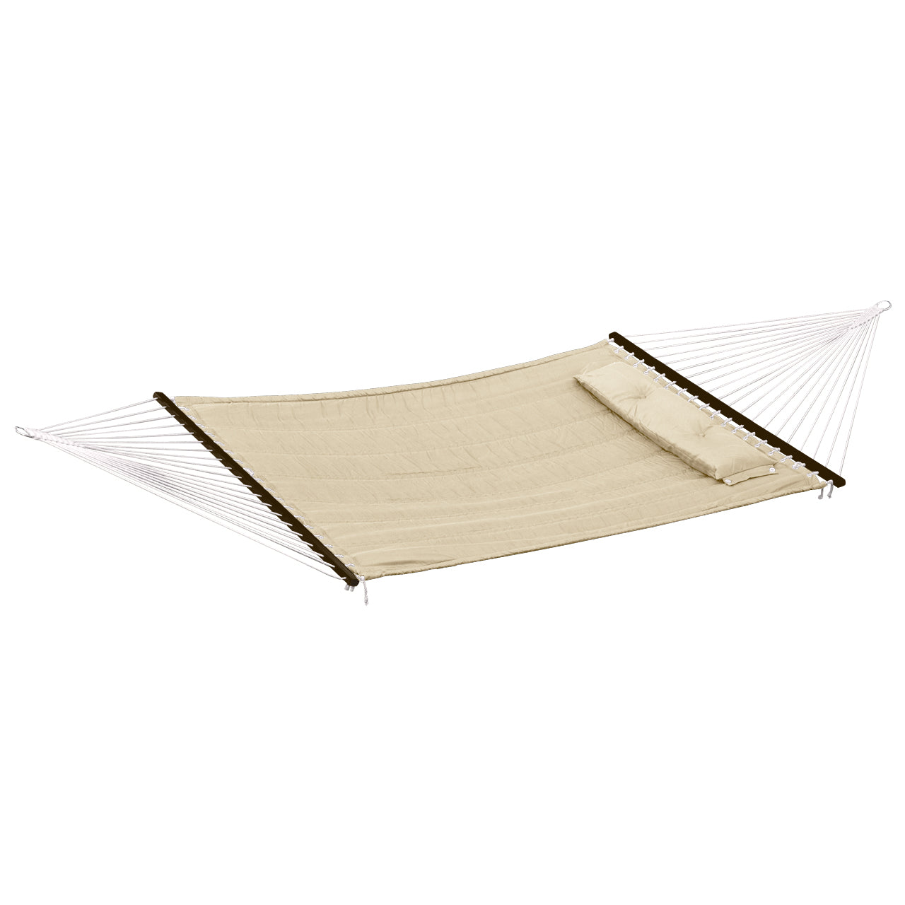 Bliss Hammocks 55-inch Wide Quilted Hammock with Spreader Bars and Pillow in the tan variation.