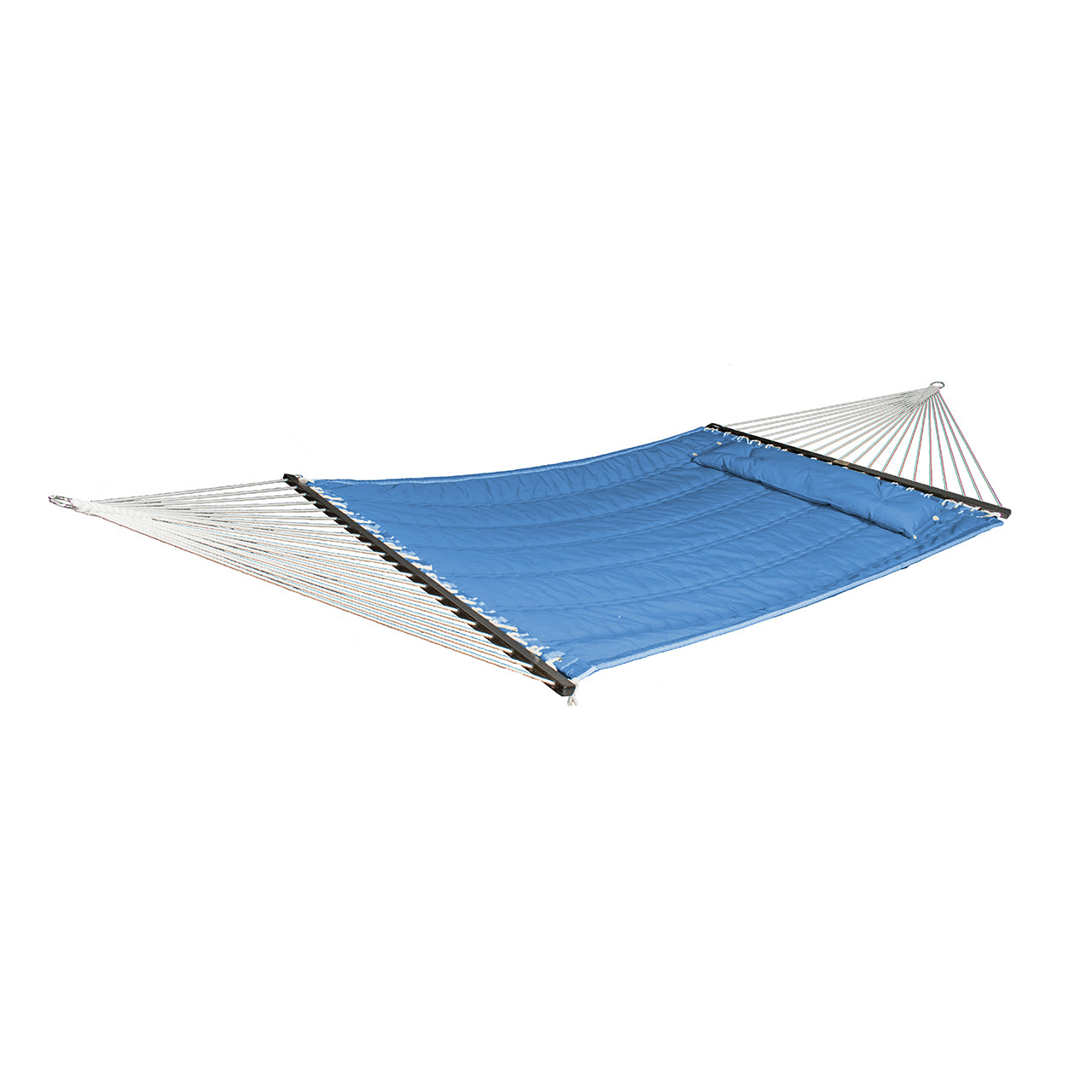 Bliss Hammocks 55-inch Wide 2-Person Reversible Quilted Hammock with Spreader Bars and a Pillow in the blue stripe / solid blue variation showing the solid blue side.