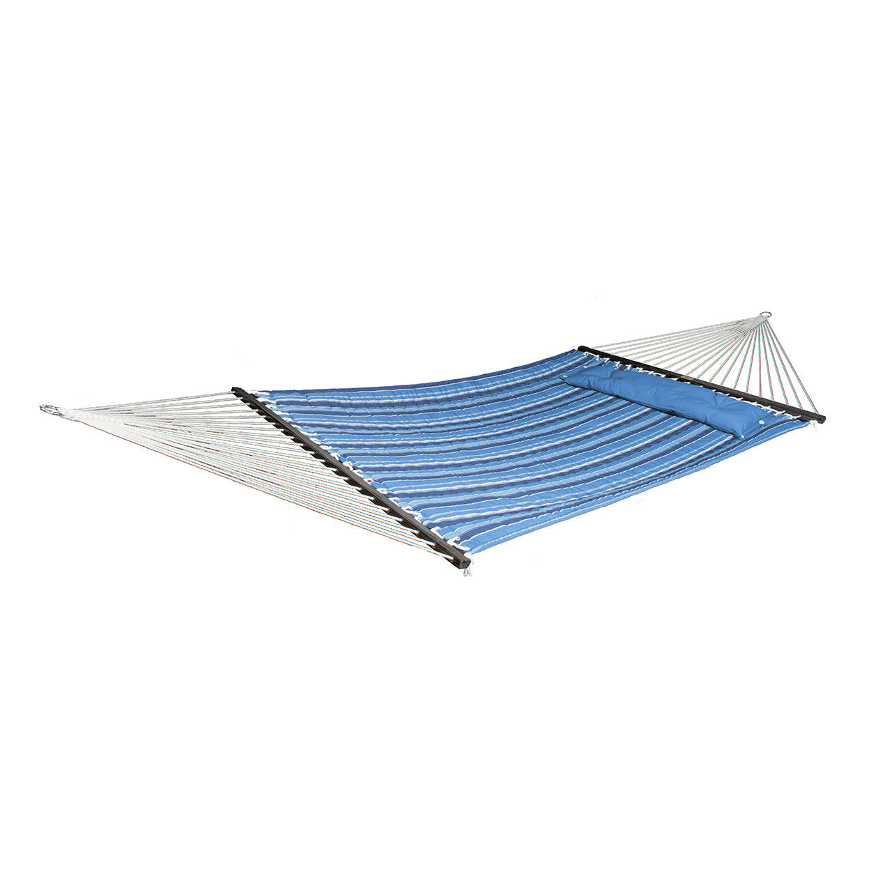 Bliss Hammocks 55-inch Wide 2-Person Reversible Quilted Hammock with Spreader Bars and a Pillow in the blue stripe / solid blue variation showing the blue striped side.