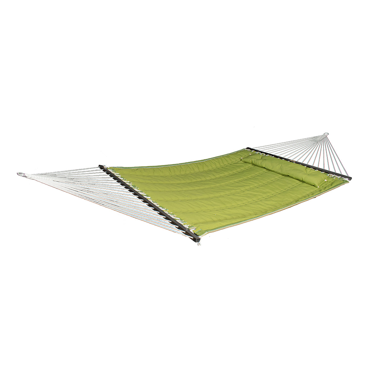 Bliss Hammocks 55-inch Wide 2-Person Reversible Quilted Hammock with Spreader Bars and a Pillow in the Green stripe / solid green variation showing the solid green side.