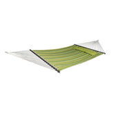 Bliss Hammocks 55-inch Wide 2-Person Reversible Quilted Hammock with Spreader Bars and a Pillow in the Green stripe / solid green variation showing the green stripe side.