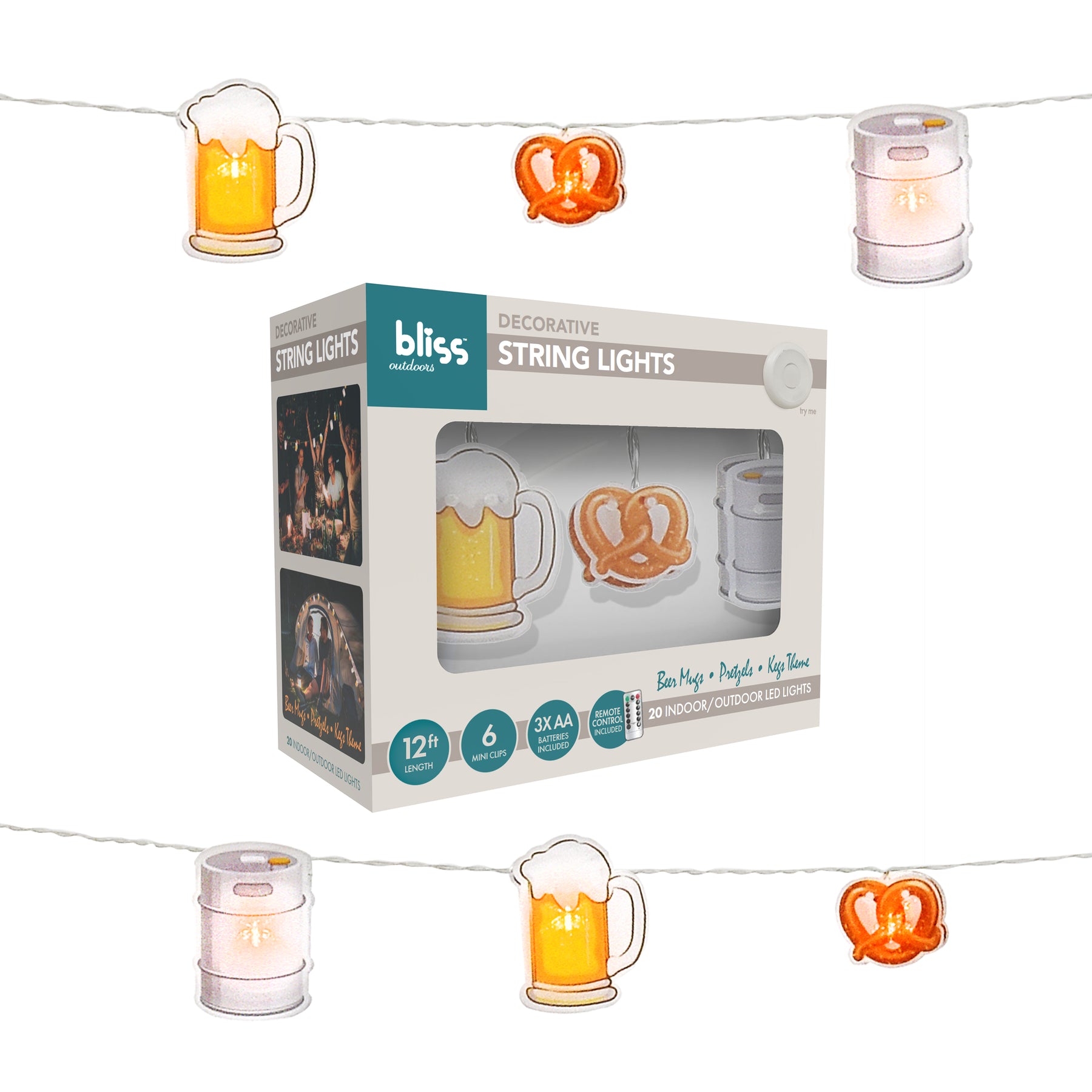 Bliss Outdoors 12 Foot Beer, Keg, and Pretzel themed String Lights with Hanging Clips, 20 LEDs, and a Remote