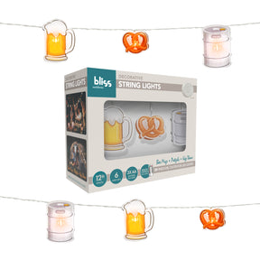 Bliss Outdoors 12 Foot Beer, Keg, and Pretzel themed String Lights with Hanging Clips, 20 LEDs, and a Remote