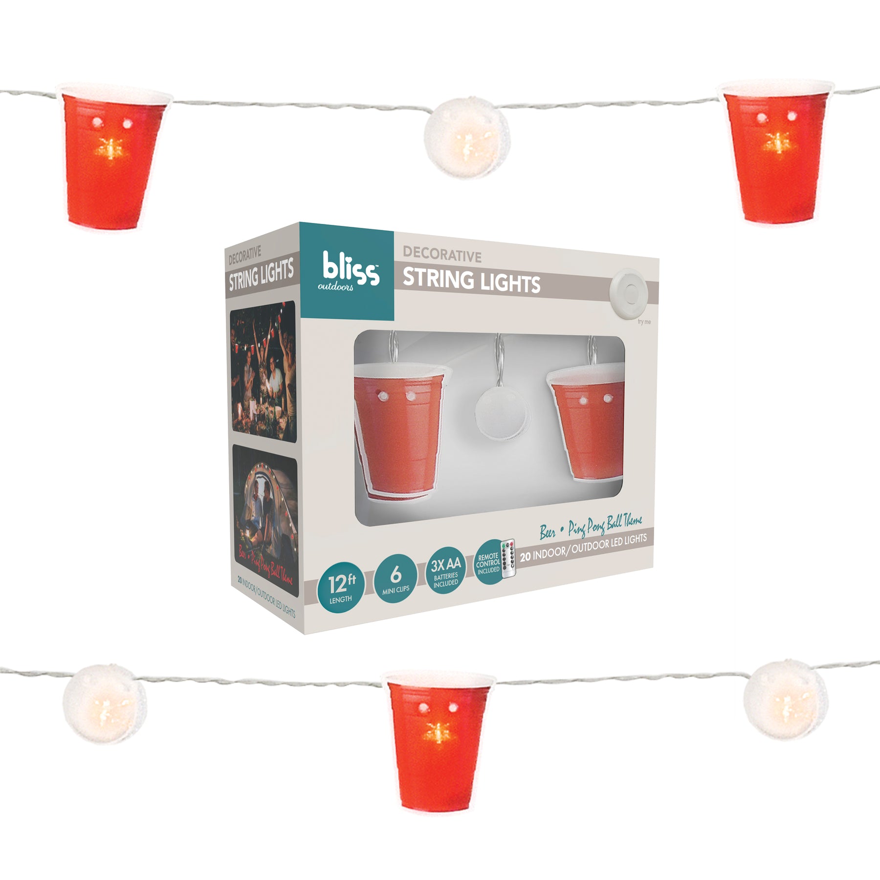 Bliss Outdoors 12 Foot Beer Pong themed String Lights of Solo Cups and Ping Pong Balls. Comes with Hanging Clips, 20 LEDs, and a Remote.