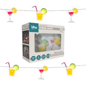 Bliss Outdoors 12 Foot Glitter Drink themed String Lights of Martinis. Comes with Hanging Clips, 20 LEDs, and a Remote