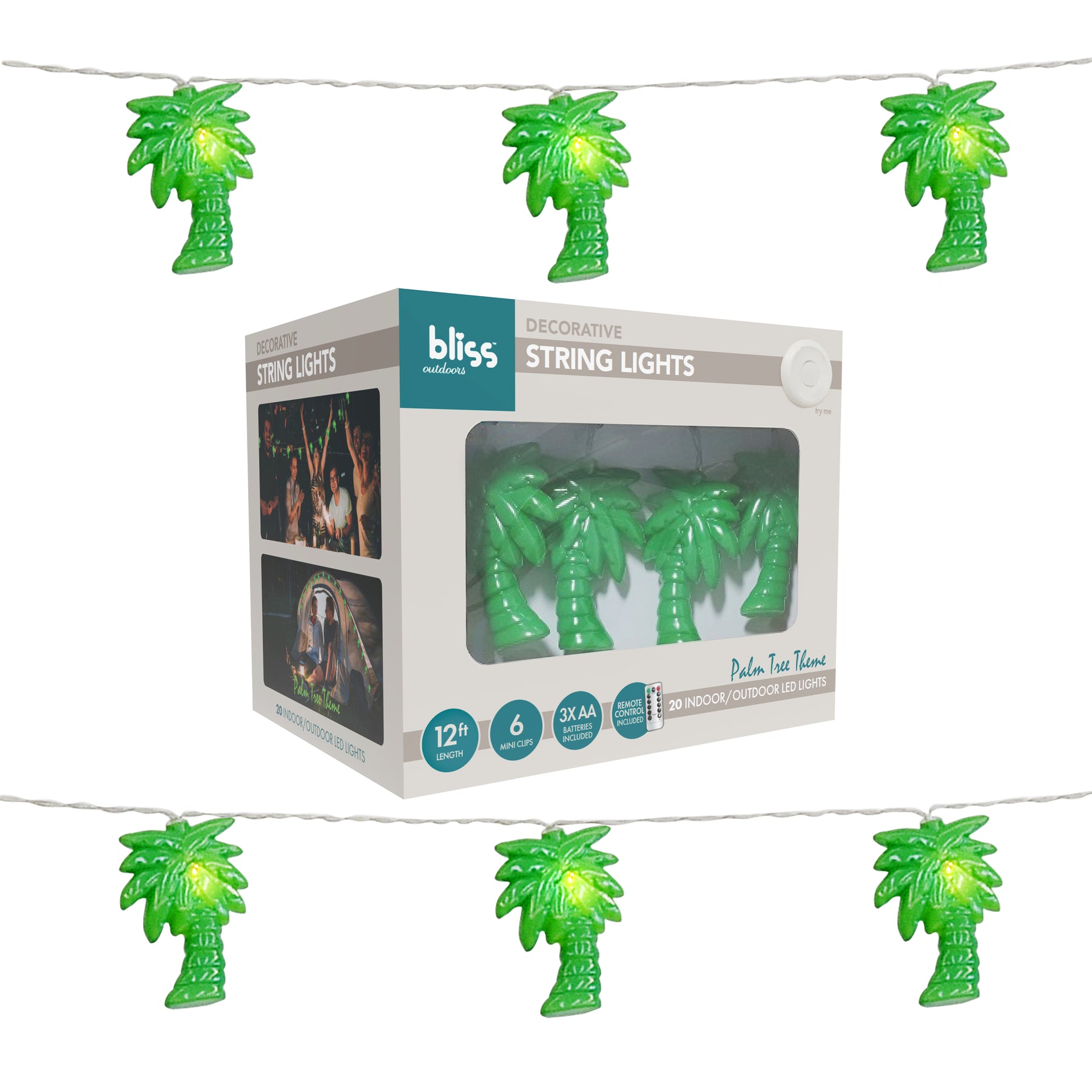Bliss Outdoors 12 Foot Palm Tree themed String Lights with Hanging Clips, 20 LEDs, and a Remote