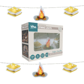 Bliss Outdoors 12 Foot Smores themed String Lights of a campfire and smores. Comes with Hanging Clips, 20 LEDs, and a Remote