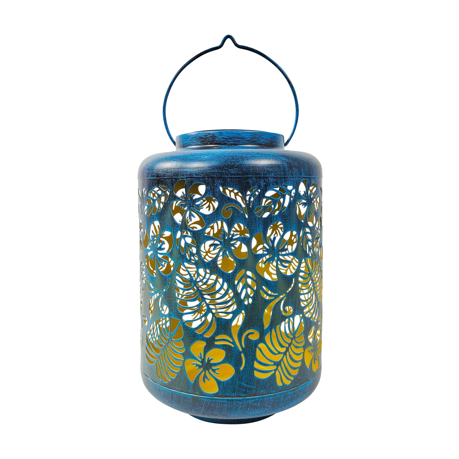 Bliss Outdoors 12-inch Tall Hanging and Tabletop Decorative Solar LED Lantern with Unique Tropical Flower Design and Antique Hand Painted Finish in the brushed blue variation.