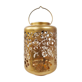 Bliss Outdoors 12-inch Tall Hanging and Tabletop Decorative Solar LED Lantern with Unique Tropical Flower Design and Antique Hand Painted Finish in the gold variation.