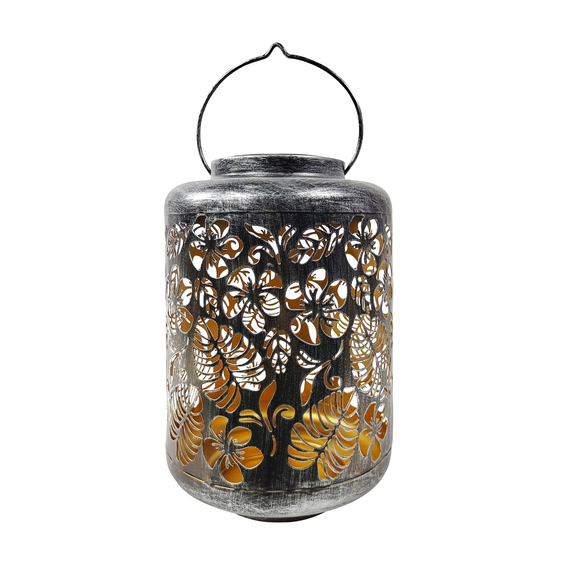 Bliss Outdoors 12-inch Tall Hanging and Tabletop Decorative Solar LED Lantern with Unique Tropical Flower Design and Antique Hand Painted Finish in the brushed silver variation.