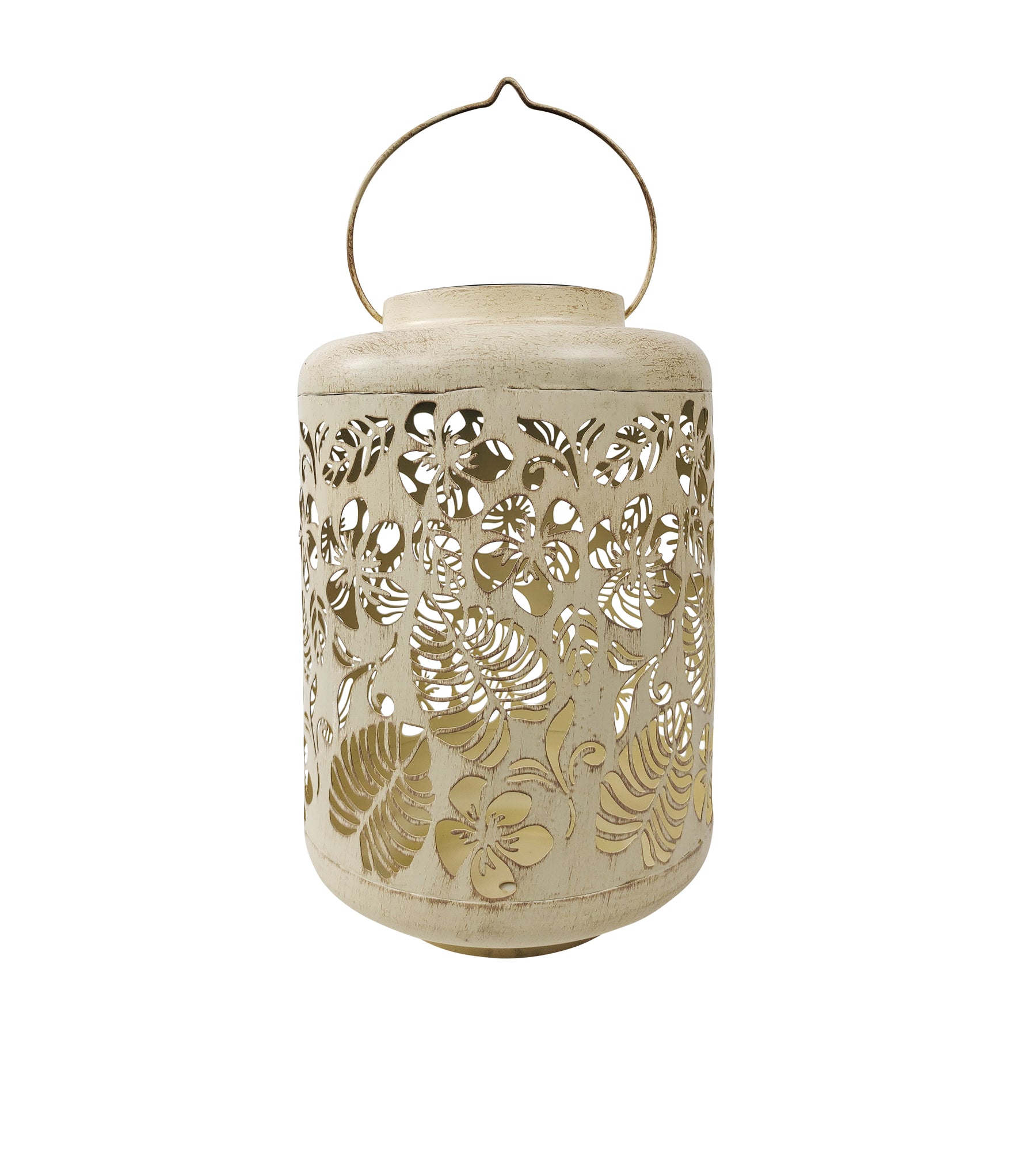 Bliss Outdoors 12-inch Tall Hanging and Tabletop Decorative Solar LED Lantern with Unique Tropical Flower Design and Antique Hand Painted Finish in the antique white variation.