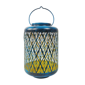 Bliss Outdoors 12-inch Tall Hanging and Tabletop Decorative Solar LED Lantern with Unique Diamond Leaf Design and Antique Hand Painted Finish in the brushed blue variation.