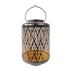 Bliss Outdoors 12-inch Tall Hanging and Tabletop Decorative Solar LED Lantern with Unique Diamond Leaf Design and Antique Hand Painted Finish in the brushed bronze variation.